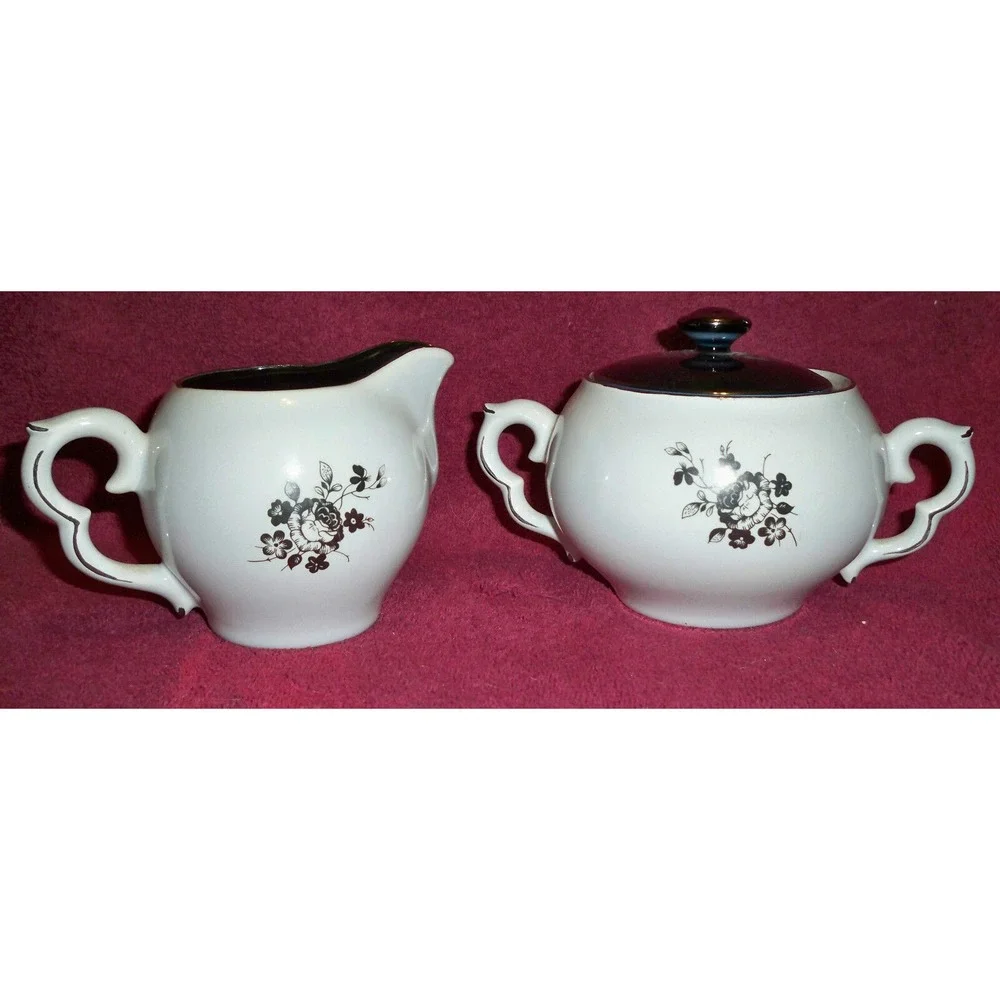 Cream Sugar Set w/Lid White Black inside scalloped handles platinum trim flowers